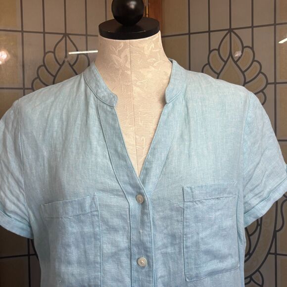 Pure Navy Linen Teal Button Down Midi Shirt Dress Pockets Beachy Coastal Size S - Picture 6 of 14